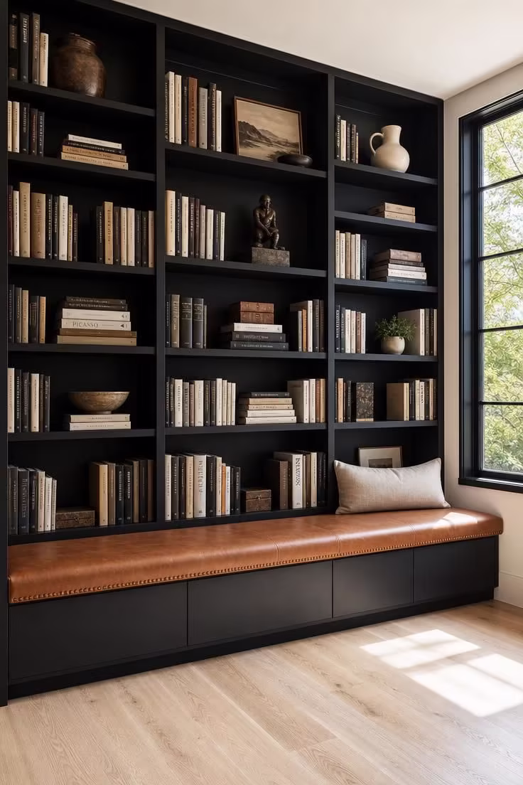14 Moody Reading Nook Ideas That Feel Like a Secret Escape 7 Floor-to-ceiling matte black built-in shelving with a cognac leather bench seat at the base, natural midday light catching the leather grain, books organized by height with bronze and ceramic accents.