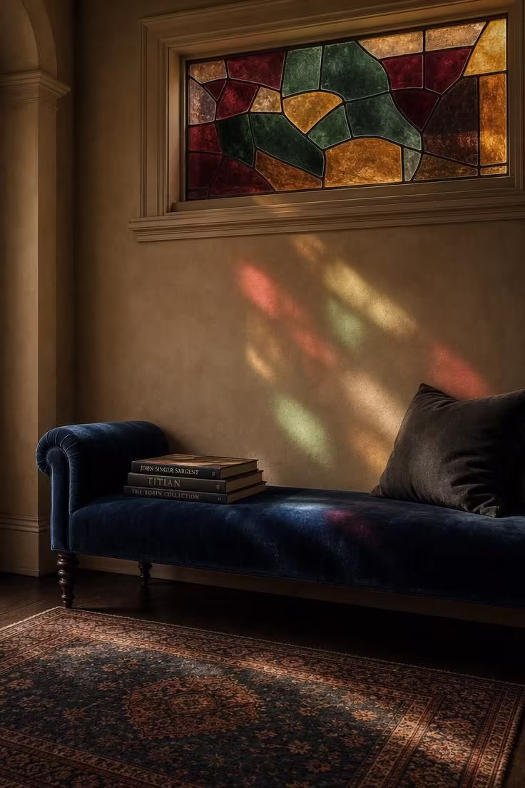 14 Moody Reading Nook Ideas That Feel Like a Secret Escape 8 A deep sapphire velvet settee beneath a stained glass transom window with jewel-toned abstract patterns, colored light falling across the velvet and surrounding putty-toned wall.