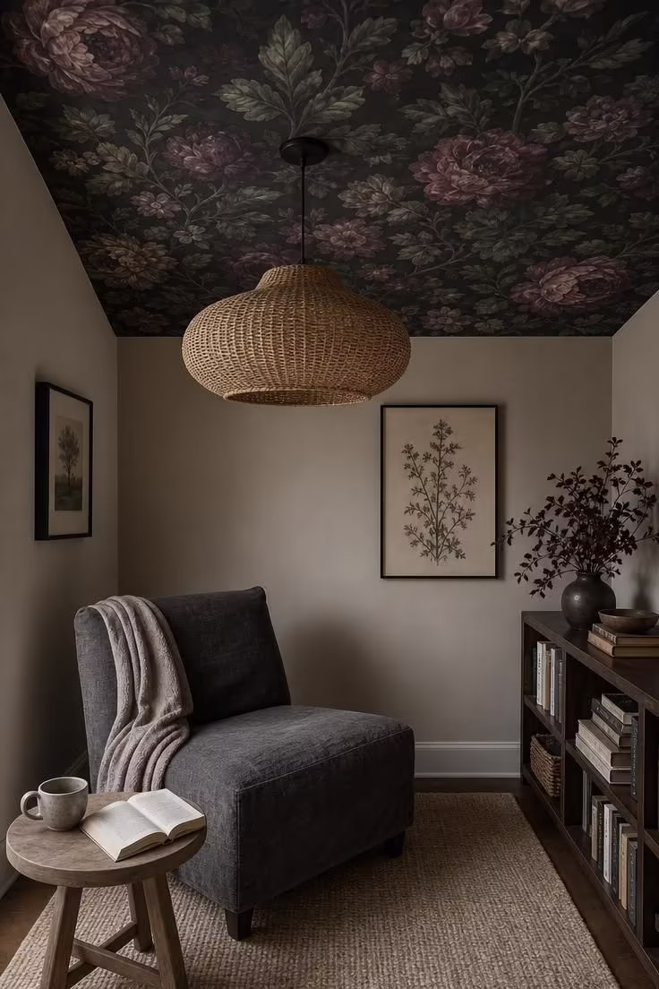 14 Moody Reading Nook Ideas That Feel Like a Secret Escape 9 A dark floral wallpapered ceiling with large-scale blooms in plum and deep green, a woven rattan pendant hanging low, and a washed charcoal linen slipper chair on a pale jute rug in cool overcast light.
