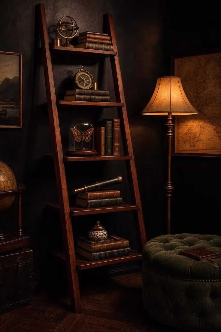 14 Moody Reading Nook Ideas That Feel Like a Secret Escape 10 A leaning mahogany ladder shelf against a soot-black wall displaying books, a brass compass, a leather telescope, and a glass dome, with a forest green tufted ottoman and parchment-shade floor lamp in warm light.