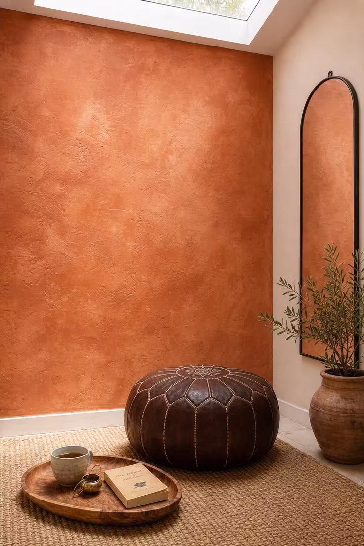 14 Moody Reading Nook Ideas That Feel Like a Secret Escape 12 A hand-applied terracotta plaster accent wall with a dark umber leather Moroccan pouf, olive wood tray with tea accessories, arched iron mirror reflecting the plaster, in bright midday light from above.