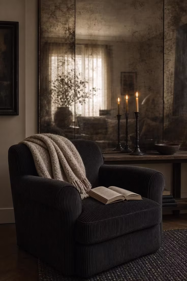 14 Moody Reading Nook Ideas That Feel Like a Secret Escape 13 A deep charcoal wide-wale corduroy armchair in front of an antiqued smoked mirror panel, with blackened iron taper holders reflected in the glass, a chunky oatmeal wool throw, and soft diffused light.