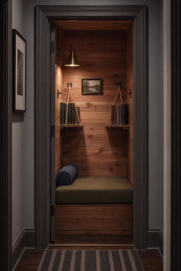 14 Moody Reading Nook Ideas That Feel Like a Secret Escape 14 A cedar-lined coat closet converted into a reading nook with rope-hung shelves, olive canvas bench seat, a washed indigo neck pillow, and a brass battery-operated sconce, in cool overcast light through the doorframe.
