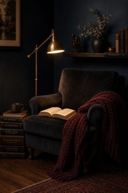 14 Moody Reading Nook Ideas That Feel Like a Secret Escape A moody reading nook with a deep charcoal velvet armchair, brass pharmacy lamp, chunky burgundy throw, hardcover books on a dark walnut floor, and a midnight blue wall with a floating shelf of collected objects.