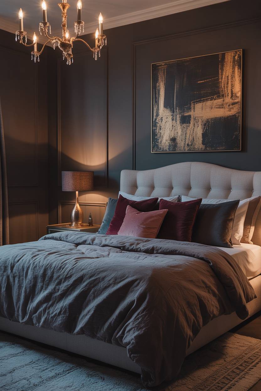 23 Moody Romantic Bedroom Ideas for a Cozy, Intimate Space 1 Luxurious king-sized bed with dark grey linen bedding and burgundy velvet pillows in a charcoal-painted bedroom