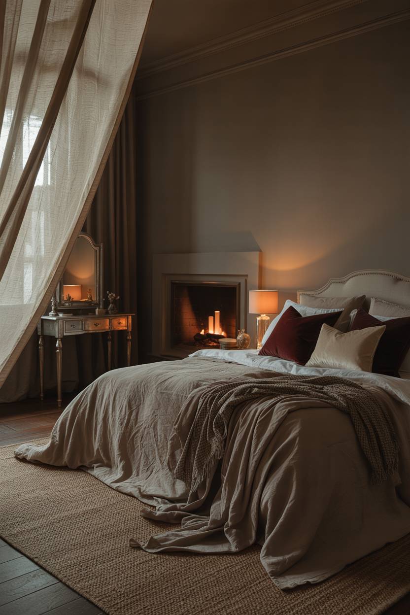 23 Moody Romantic Bedroom Ideas for a Cozy, Intimate Space 2 King-size bed with grey linen bedding and burgundy pillows beside a glowing fireplace with antique vanity