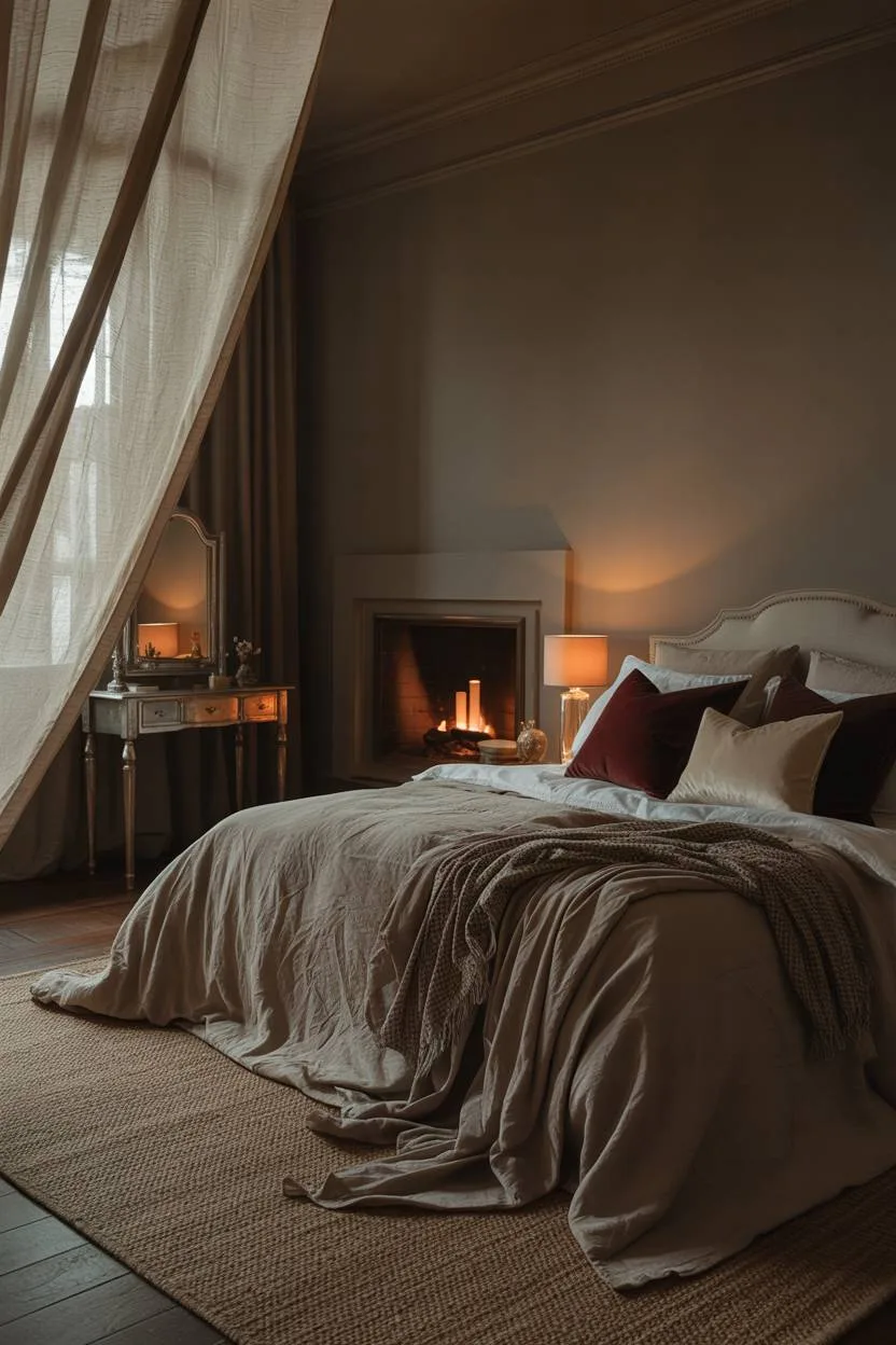 23 Moody Romantic Bedroom Ideas for a Cozy, Intimate Space 2 King-size bed with grey linen bedding and burgundy pillows beside a glowing fireplace with antique vanity