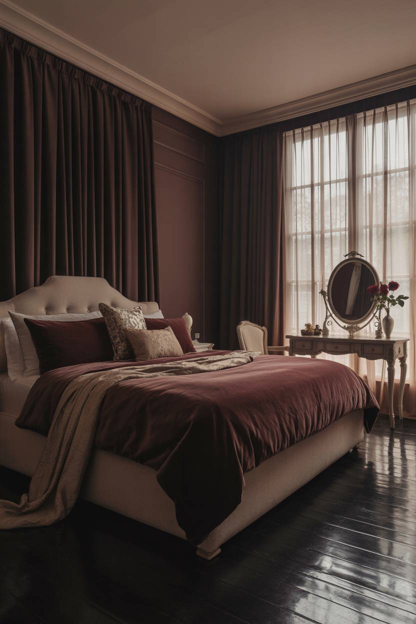 23 Moody Romantic Bedroom Ideas for a Cozy, Intimate Space 3 King-sized bed with burgundy velvet linens and antique pillows featuring a vintage vanity with silver mirror