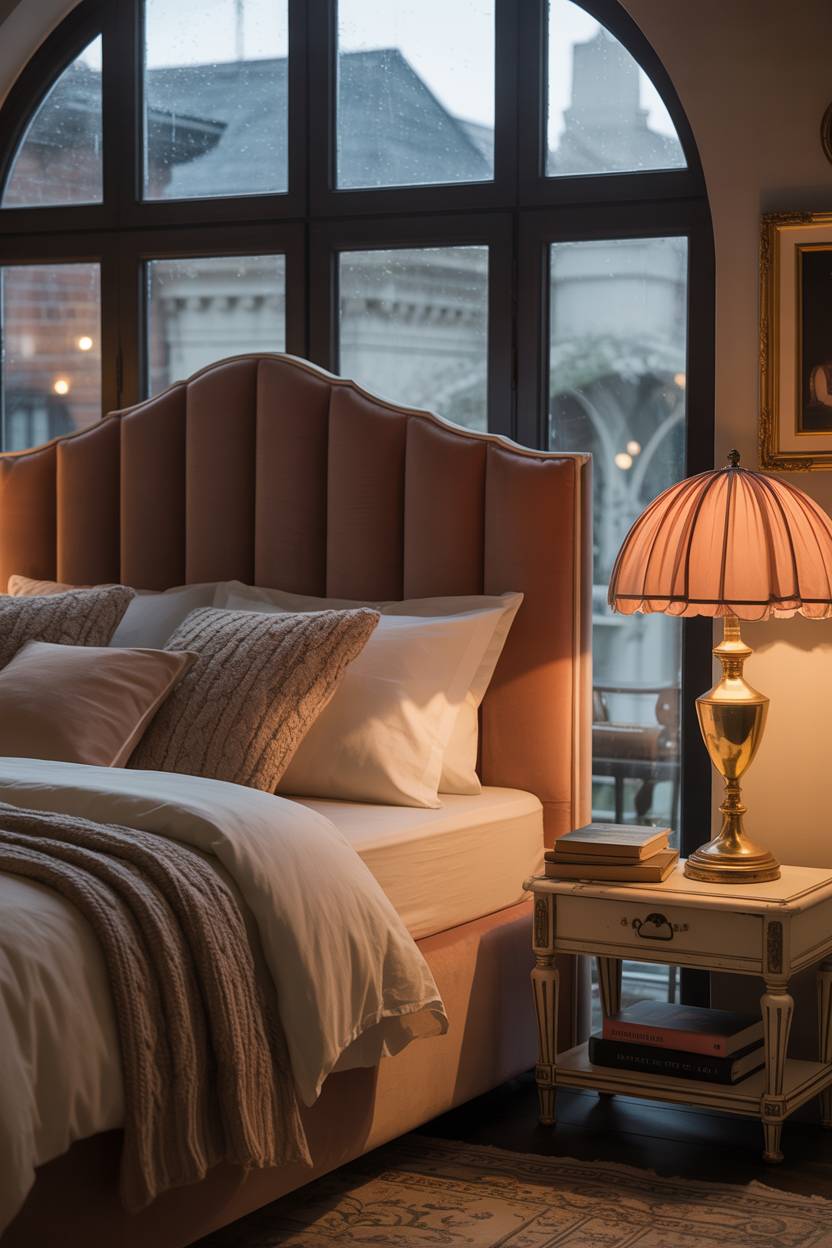 23 Moody Romantic Bedroom Ideas for a Cozy, Intimate Space 4 Queen-sized bed with dusty rose velvet headboard and linen sheets overlooking a rainy cityscape