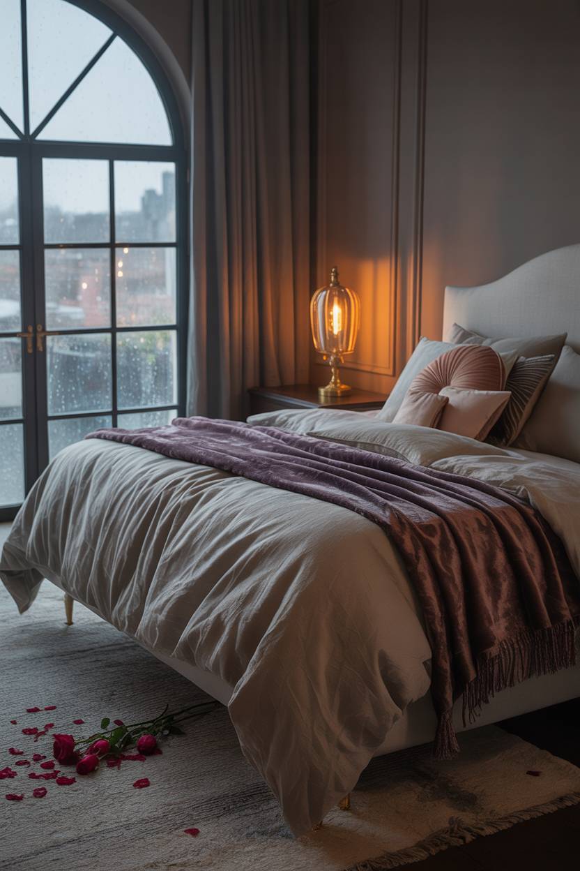 23 Moody Romantic Bedroom Ideas for a Cozy, Intimate Space 5 King-sized bed with grey linen and deep plum velvet throw beside brass reading lamp and arched window