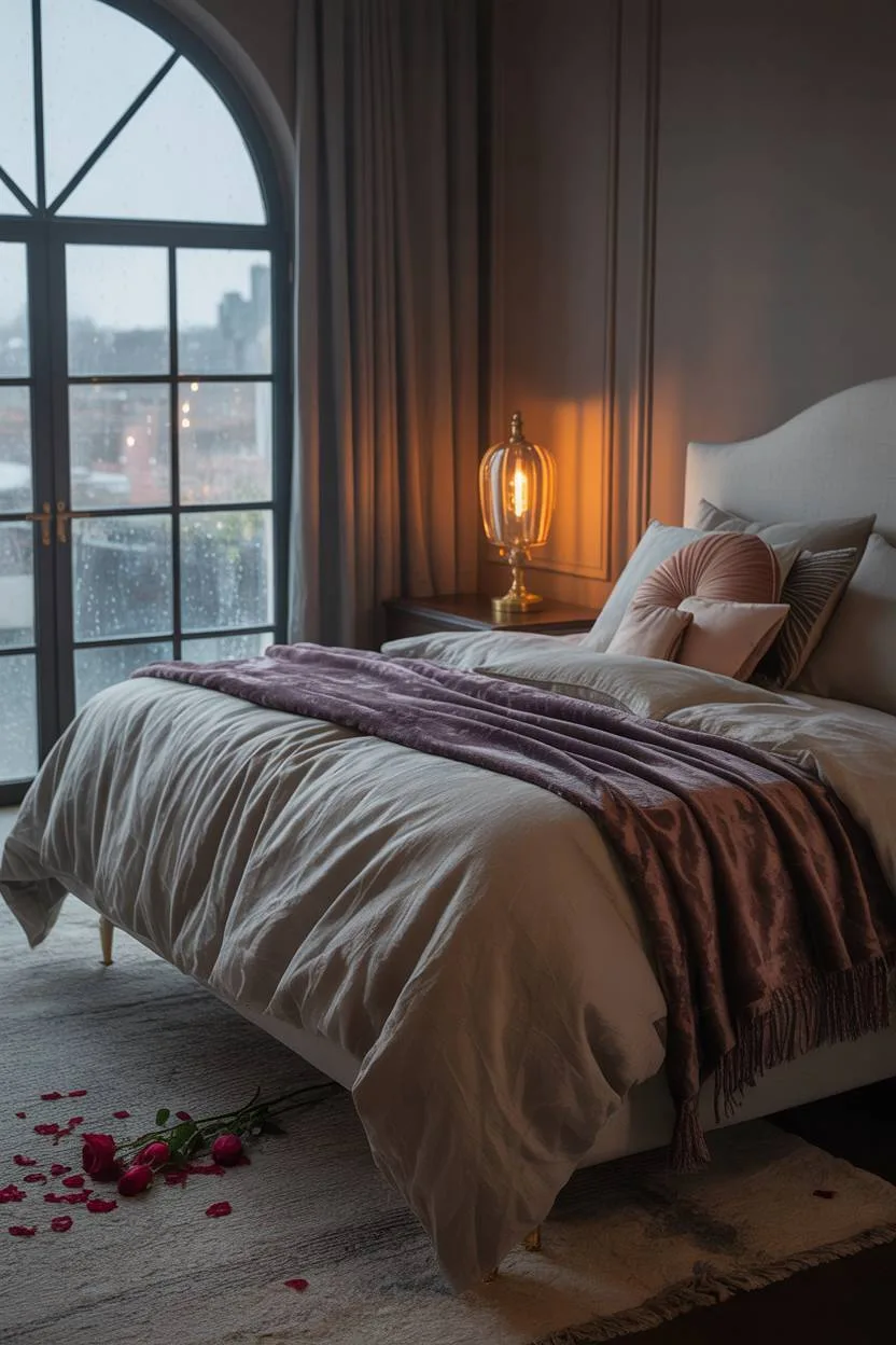 23 Moody Romantic Bedroom Ideas for a Cozy, Intimate Space 5 King-sized bed with grey linen and deep plum velvet throw beside brass reading lamp and arched window