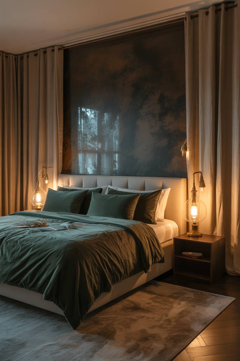 23 Moody Romantic Bedroom Ideas for a Cozy, Intimate Space 6 King-sized bed with emerald green velvet linens and brass bedside lamps with textured grey accent wall
