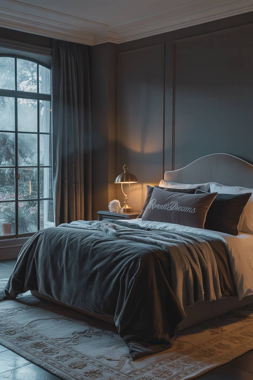 23 Moody Romantic Bedroom Ideas for a Cozy, Intimate Space 7 King-size bed with dark grey velvet linens and vintage brass lamp overlooking a misty garden
