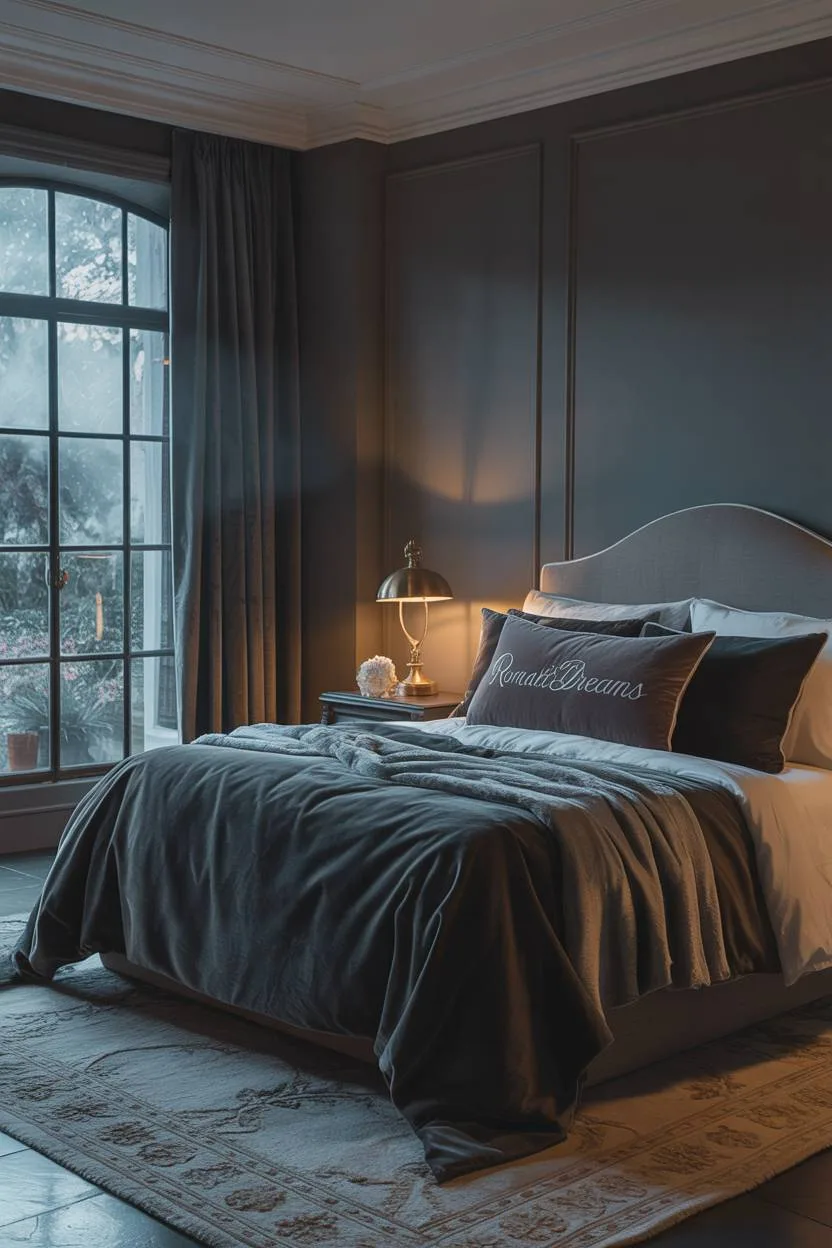 23 Moody Romantic Bedroom Ideas for a Cozy, Intimate Space 7 King-size bed with dark grey velvet linens and vintage brass lamp overlooking a misty garden