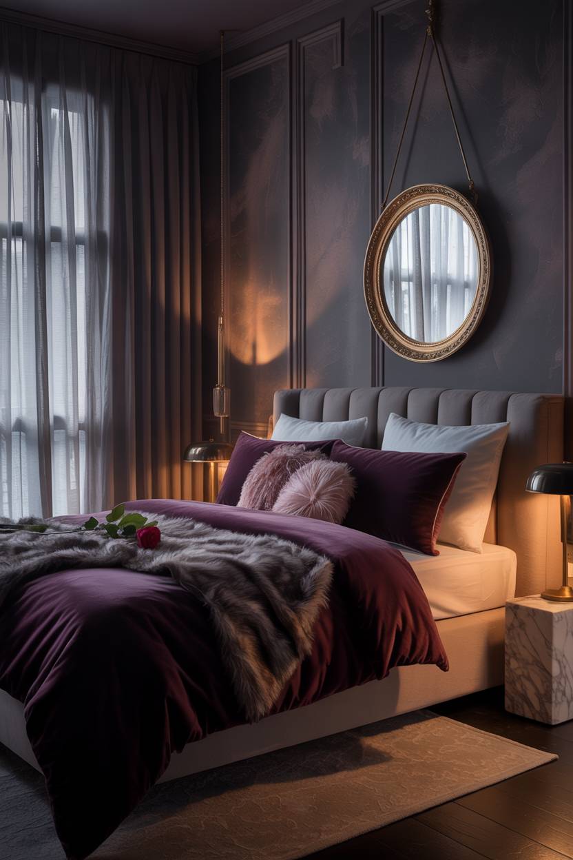 23 Moody Romantic Bedroom Ideas for a Cozy, Intimate Space 8 King-sized bed with deep plum velvet covers and faux fur throw featuring antique gold mirror and marble bedside table