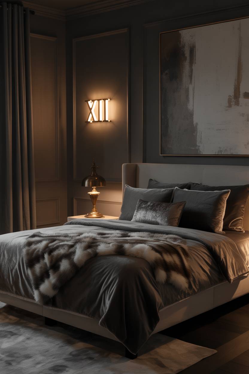 23 Moody Romantic Bedroom Ideas for a Cozy, Intimate Space 9 Queen-sized bed with dark gray velvet linens and faux fur throw featuring abstract painting and Roman numeral sconce