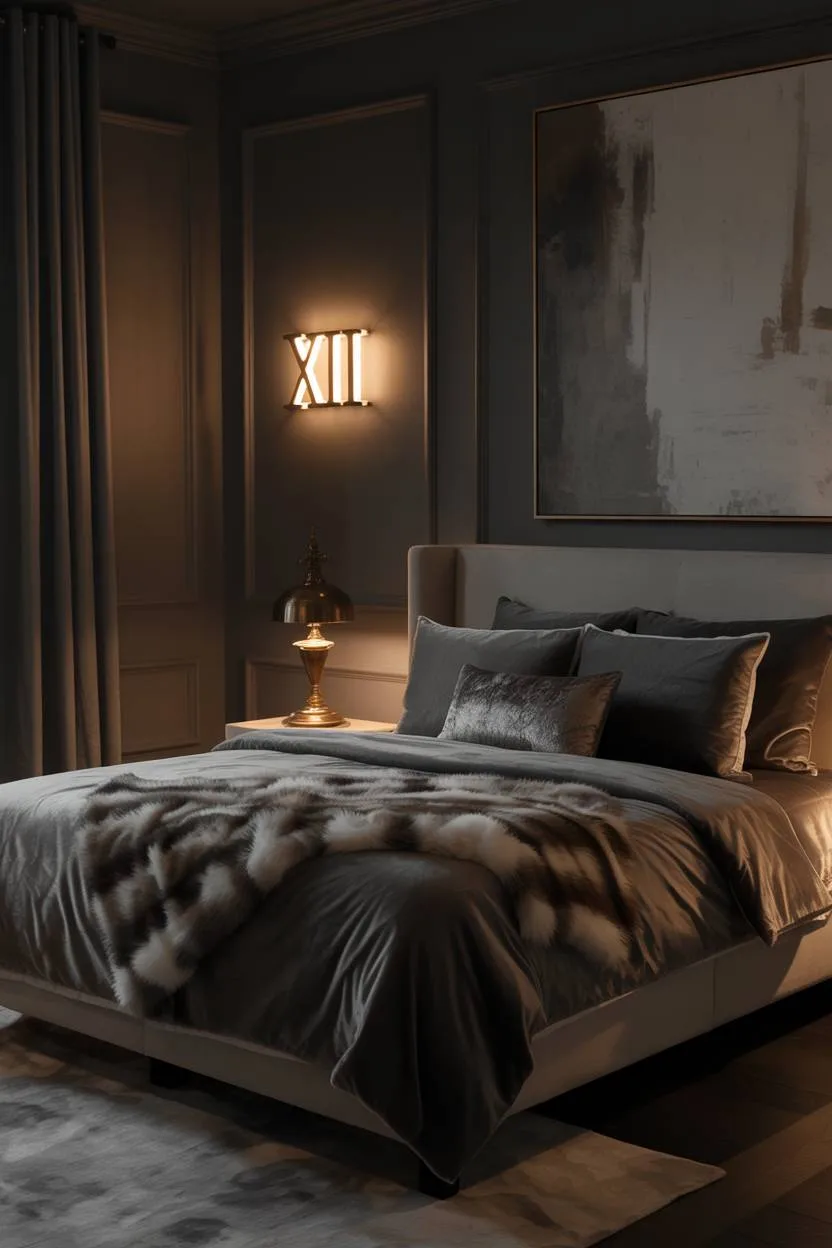 23 Moody Romantic Bedroom Ideas for a Cozy, Intimate Space 9 Queen-sized bed with dark gray velvet linens and faux fur throw featuring abstract painting and Roman numeral sconce
