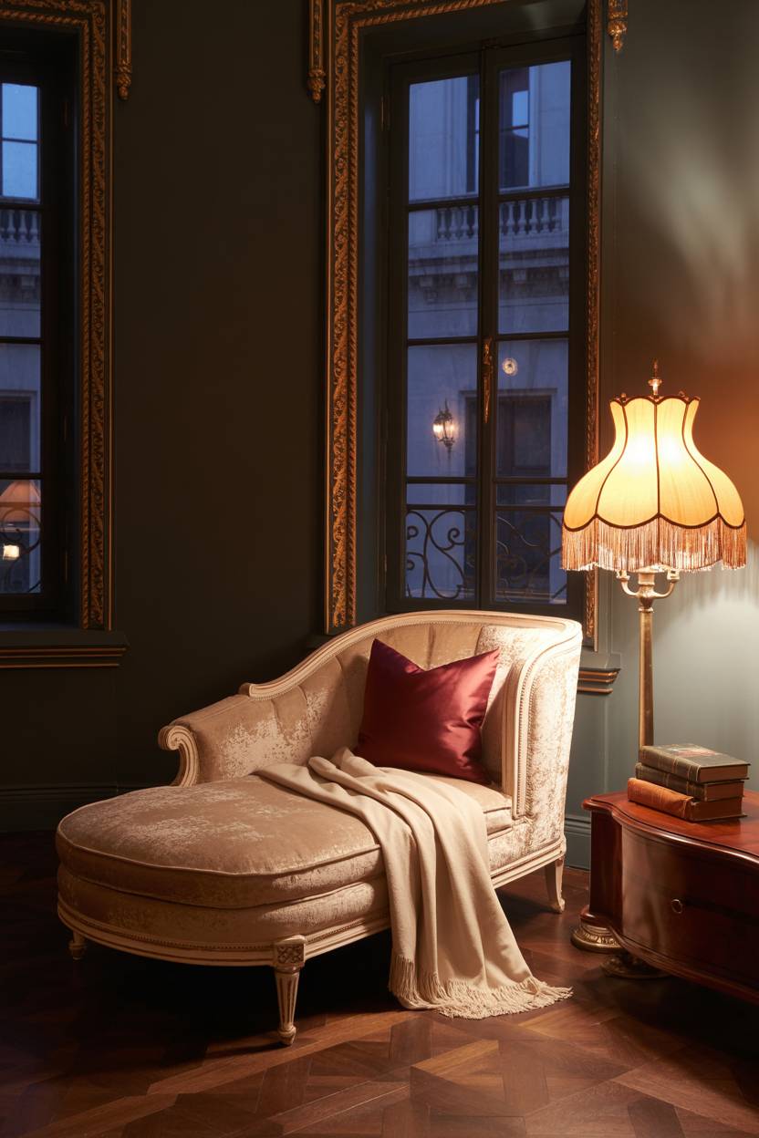 23 Moody Romantic Bedroom Ideas for a Cozy, Intimate Space 10 Velvet chaise lounge with cream throw and red silk pillow in charcoal room with gold window detailing