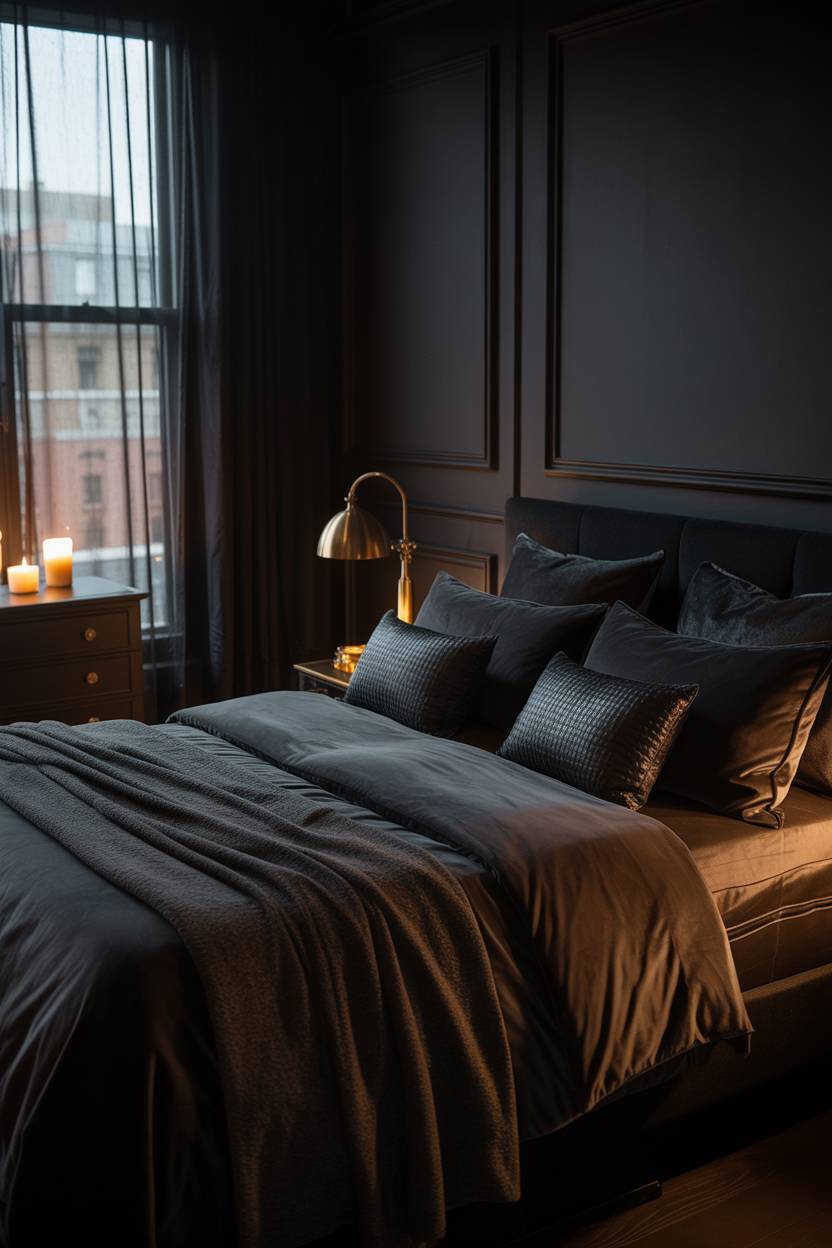 23 Moody Romantic Bedroom Ideas for a Cozy, Intimate Space 11 King-sized bed with charcoal gray velvet bedding in matte black room with single candle and rain-streaked window