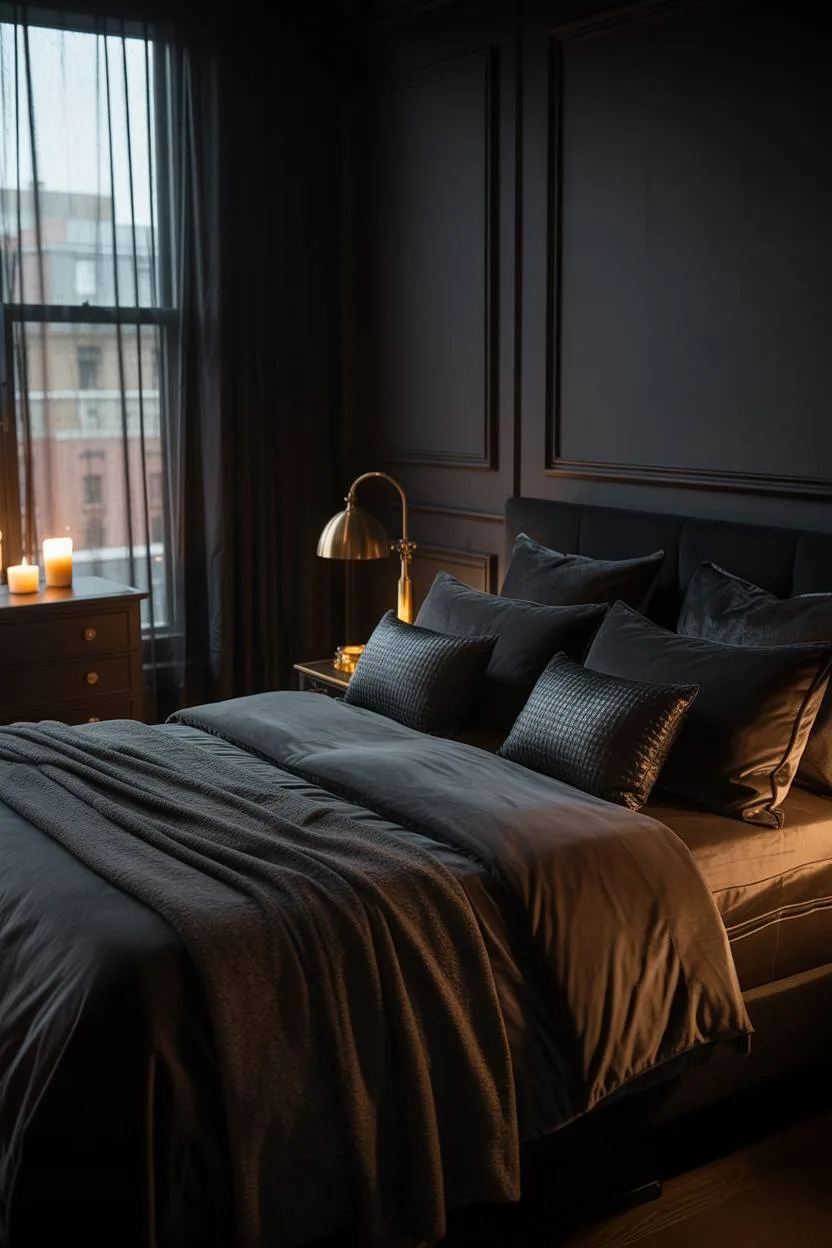 23 Moody Romantic Bedroom Ideas for a Cozy, Intimate Space 11 King-sized bed with charcoal gray velvet bedding in matte black room with single candle and rain-streaked window