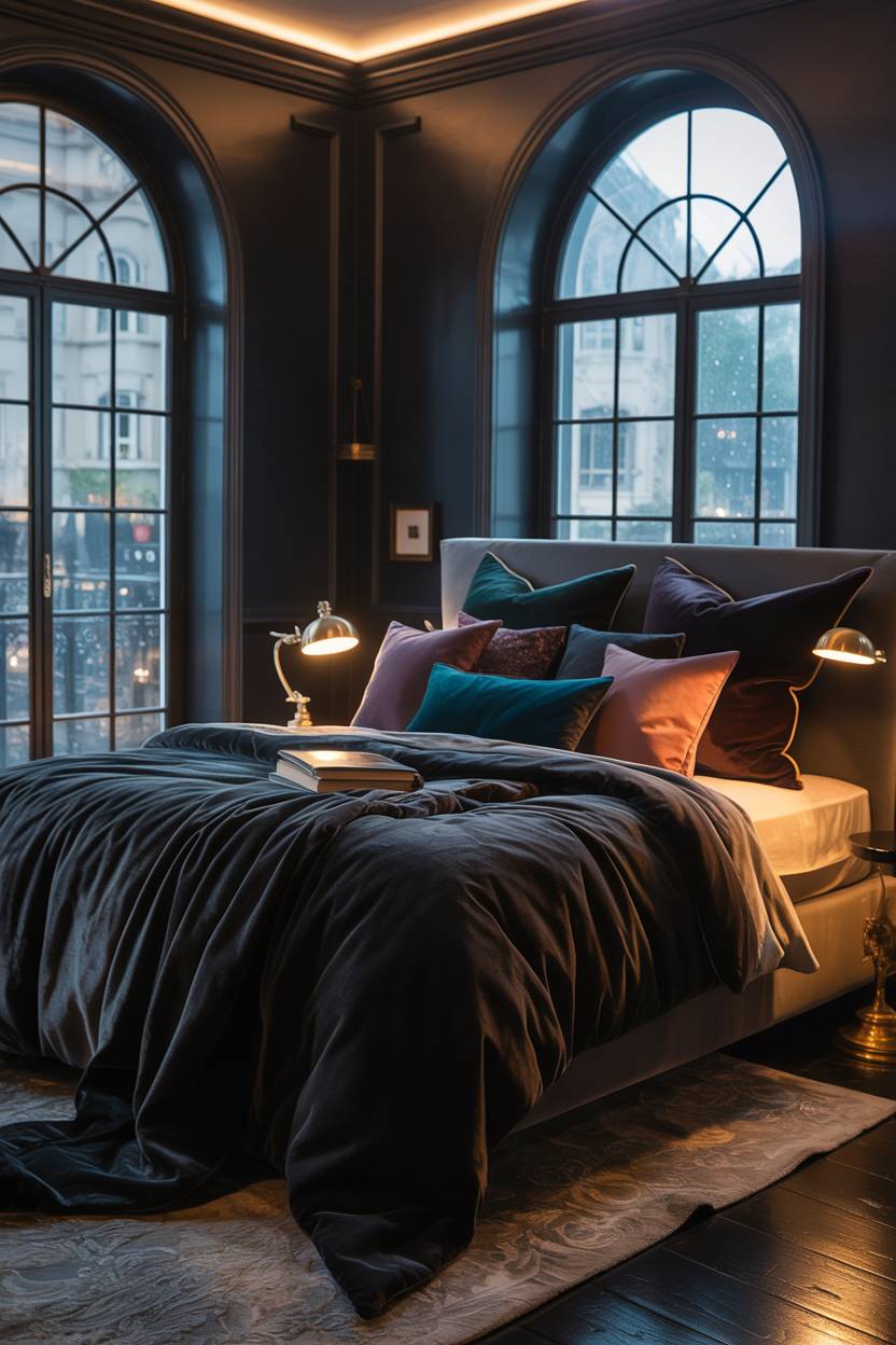 23 Moody Romantic Bedroom Ideas for a Cozy, Intimate Space 12 King-sized bed with charcoal gray velvet comforter and plum-teal pillows with brass reading lamp and rainy cityscape view