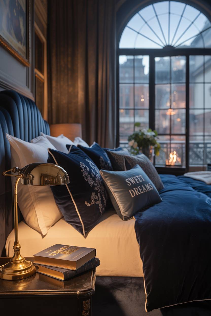 23 Moody Romantic Bedroom Ideas for a Cozy, Intimate Space 13 King-sized bed with deep indigo velvet bedding and patterned pillows beside fireplace with rainy cityscape view