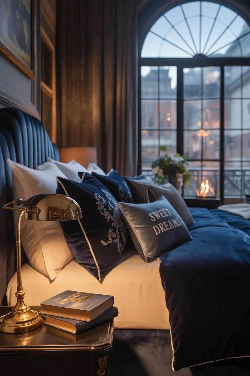 23 Moody Romantic Bedroom Ideas for a Cozy, Intimate Space 13 King-sized bed with deep indigo velvet bedding and patterned pillows beside fireplace with rainy cityscape view