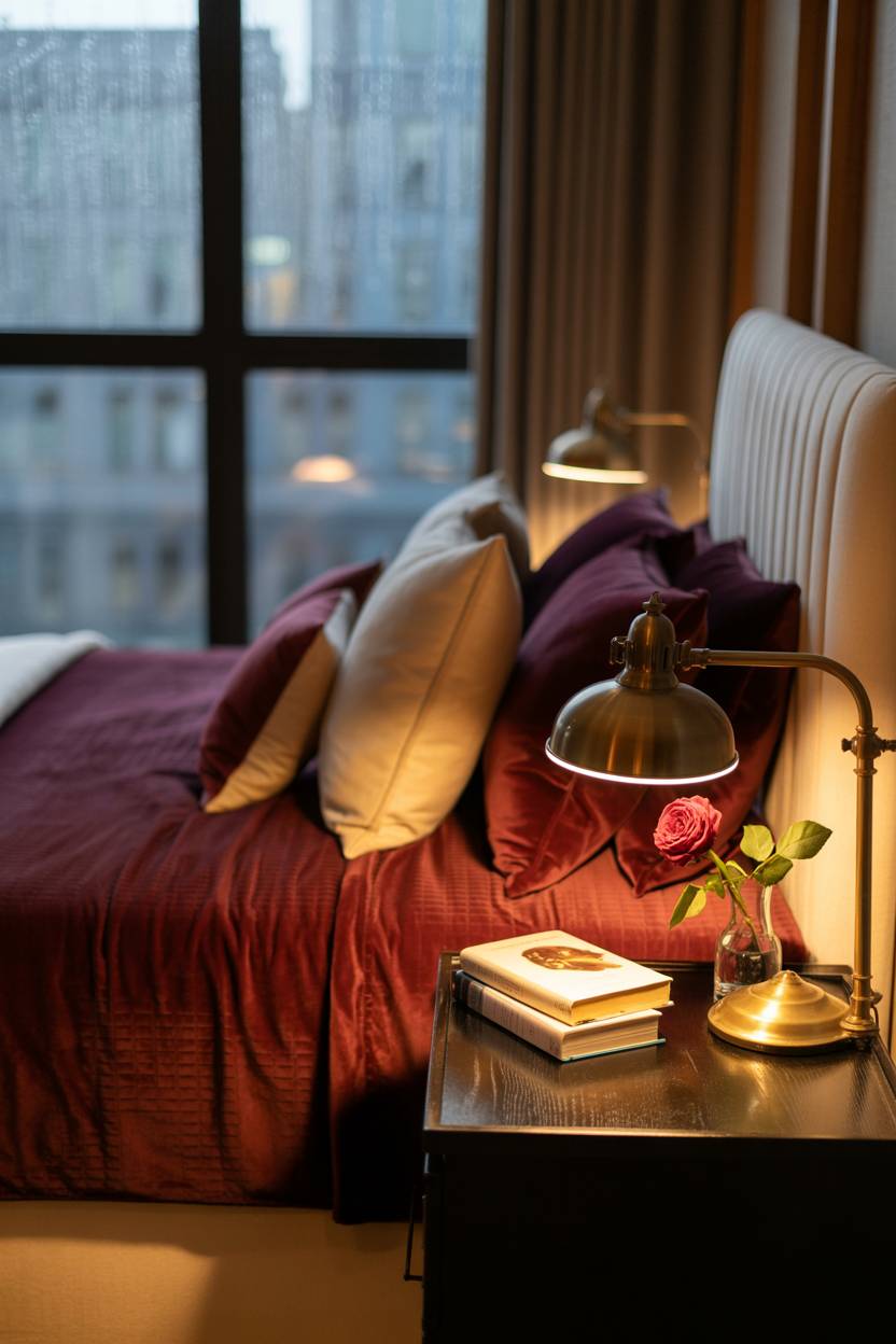 23 Moody Romantic Bedroom Ideas for a Cozy, Intimate Space 14 King-sized bed with burgundy velvet linens and cream pillows featuring brass lamp, books, and single red rose