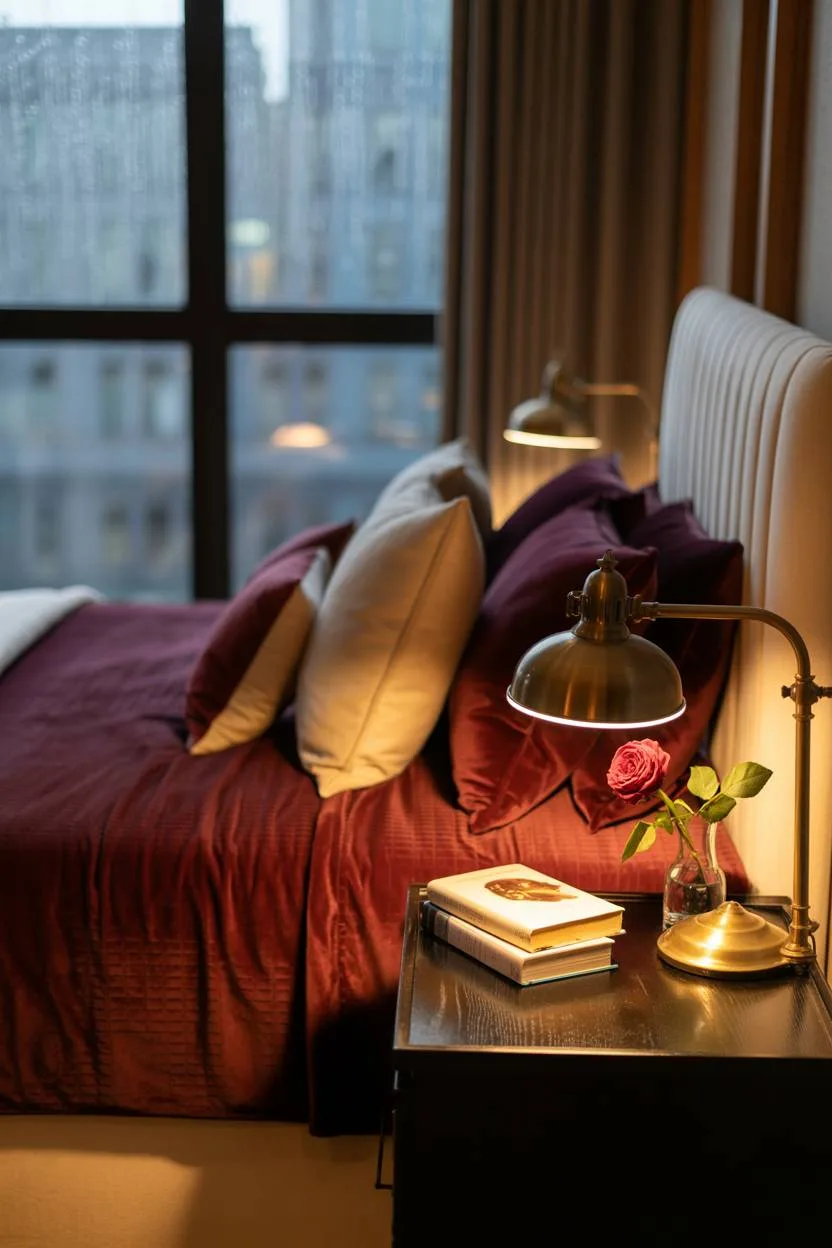 23 Moody Romantic Bedroom Ideas for a Cozy, Intimate Space 14 King-sized bed with burgundy velvet linens and cream pillows featuring brass lamp, books, and single red rose