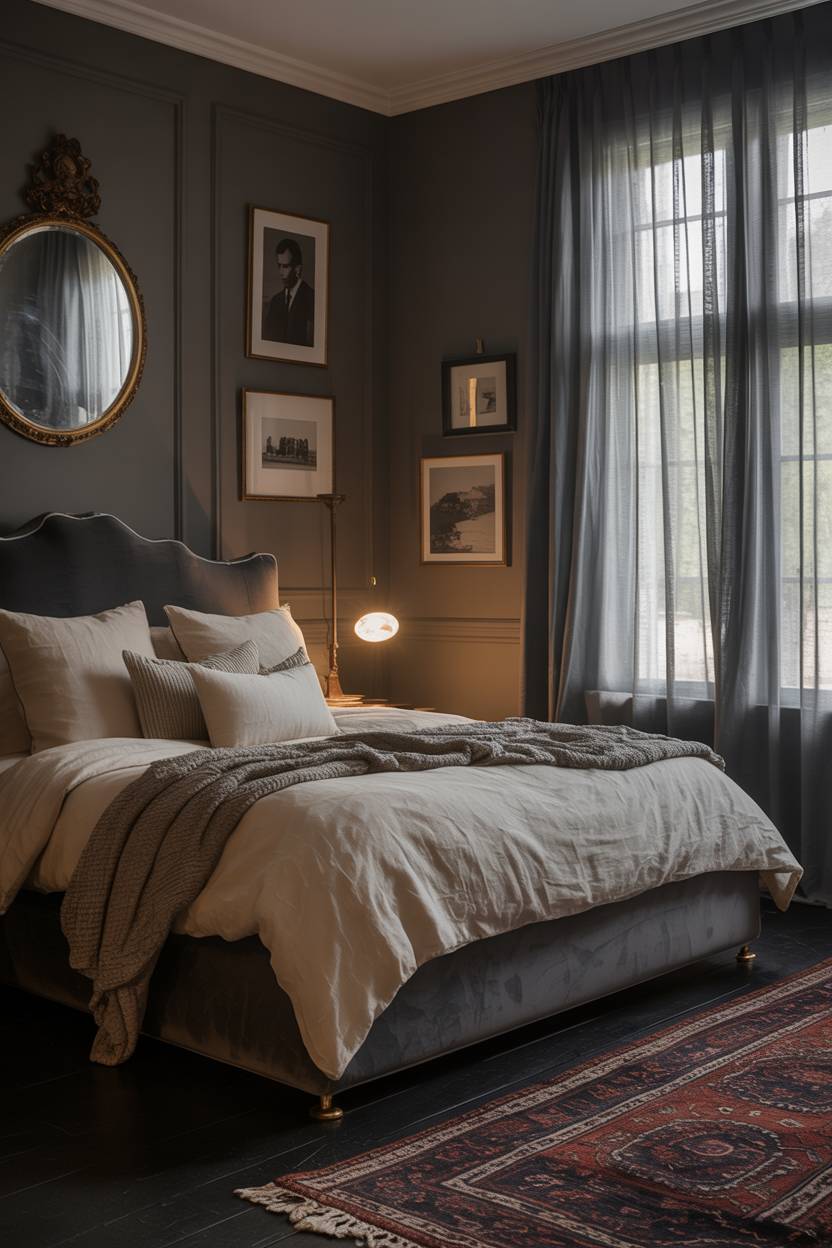 23 Moody Romantic Bedroom Ideas for a Cozy, Intimate Space 15 King-sized bed with dark grey velvet headboard and cream duvet featuring black-and-white photographs and ornate mirror
