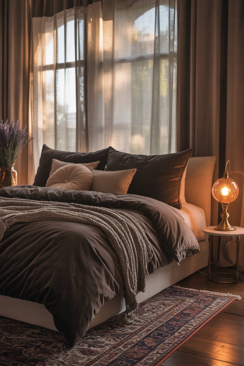 23 Moody Romantic Bedroom Ideas for a Cozy, Intimate Space 16 King-sized bed with dark grey velvet bedding and Persian rug with vintage brass lamp and filtered sunlight