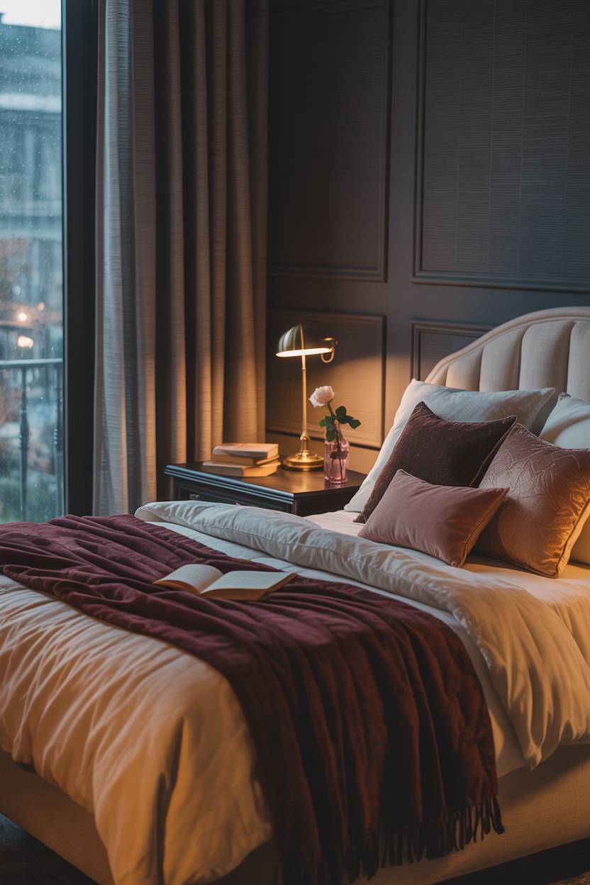 23 Moody Romantic Bedroom Ideas for a Cozy, Intimate Space 17 King-sized bed with cream linen and burgundy velvet throw featuring brass lamp, books, and white rose with textured wallpaper