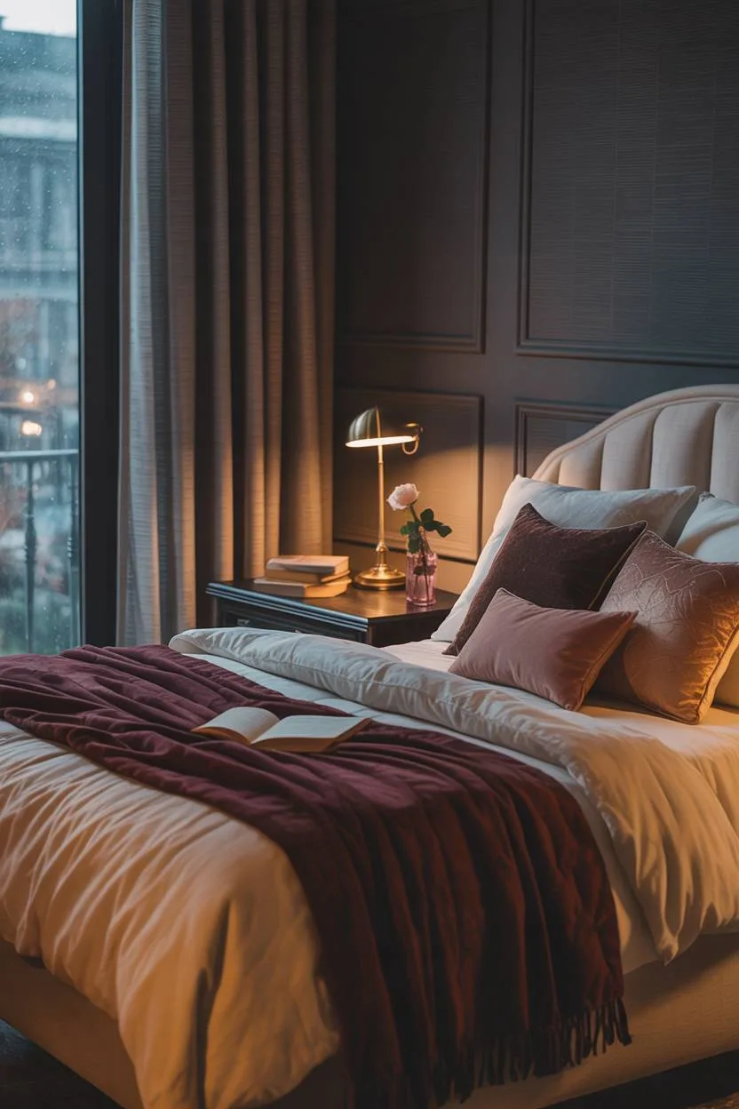 23 Moody Romantic Bedroom Ideas for a Cozy, Intimate Space 17 King-sized bed with cream linen and burgundy velvet throw featuring brass lamp, books, and white rose with textured wallpaper