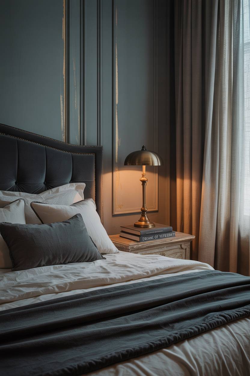 23 Moody Romantic Bedroom Ideas for a Cozy, Intimate Space 18 King-sized bed with dark grey velvet headboard and layered ivory-charcoal linens in deep teal room with gold accents