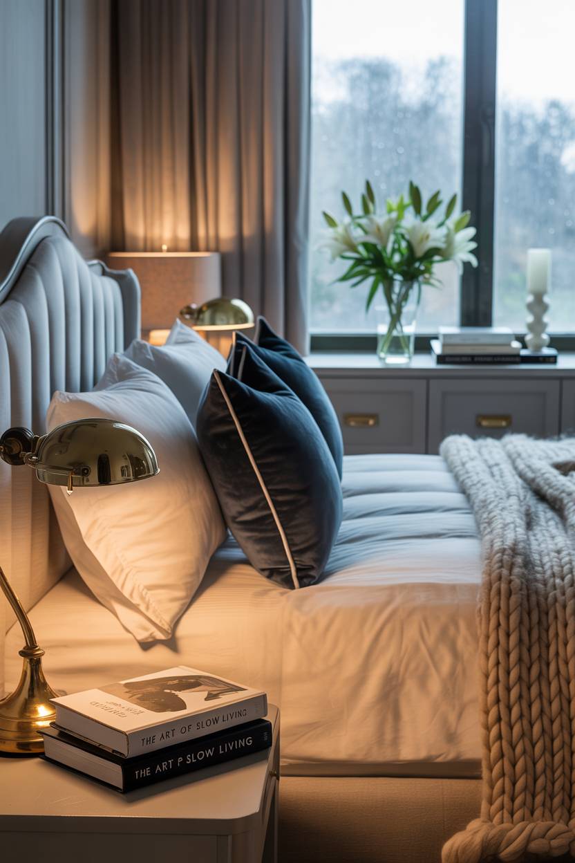23 Moody Romantic Bedroom Ideas for a Cozy, Intimate Space 19 King-sized bed with cream linen and dark blue velvet pillows featuring brass lamp and white lilies with rainy cityscape