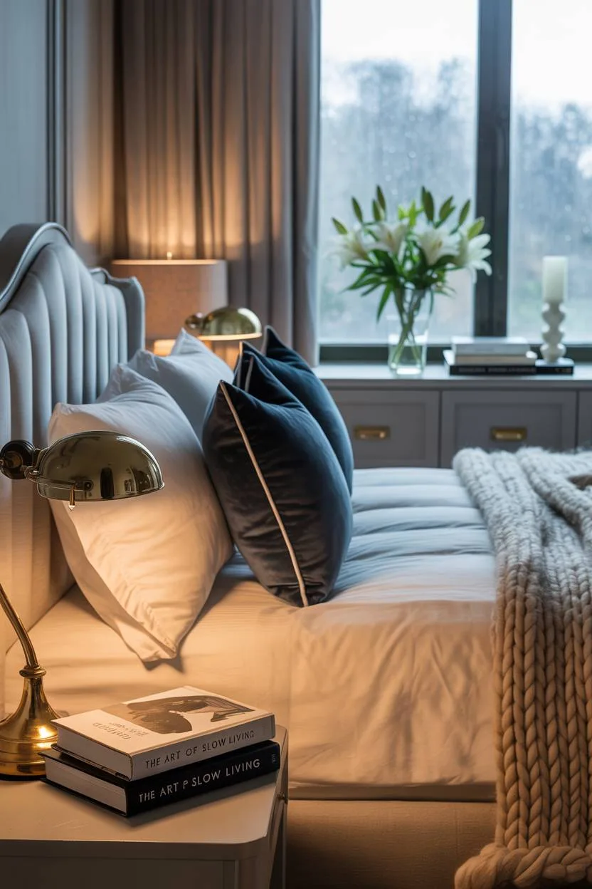 23 Moody Romantic Bedroom Ideas for a Cozy, Intimate Space 19 King-sized bed with cream linen and dark blue velvet pillows featuring brass lamp and white lilies with rainy cityscape
