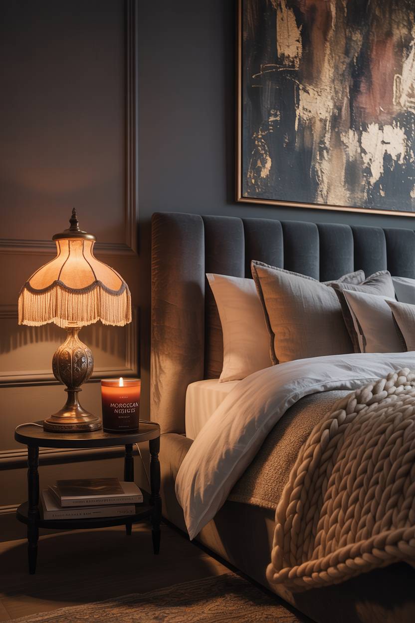 23 Moody Romantic Bedroom Ideas for a Cozy, Intimate Space 20 King-sized bed with dark gray velvet headboard and linen bedding featuring vintage fringed lamp and abstract copper-gold painting