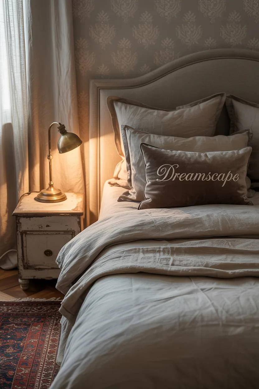 23 Moody Romantic Bedroom Ideas for a Cozy, Intimate Space 21 King-sized bed with grey linen and velvet throw pillow featuring brass lamp and textured floral wallpaper with Persian rug