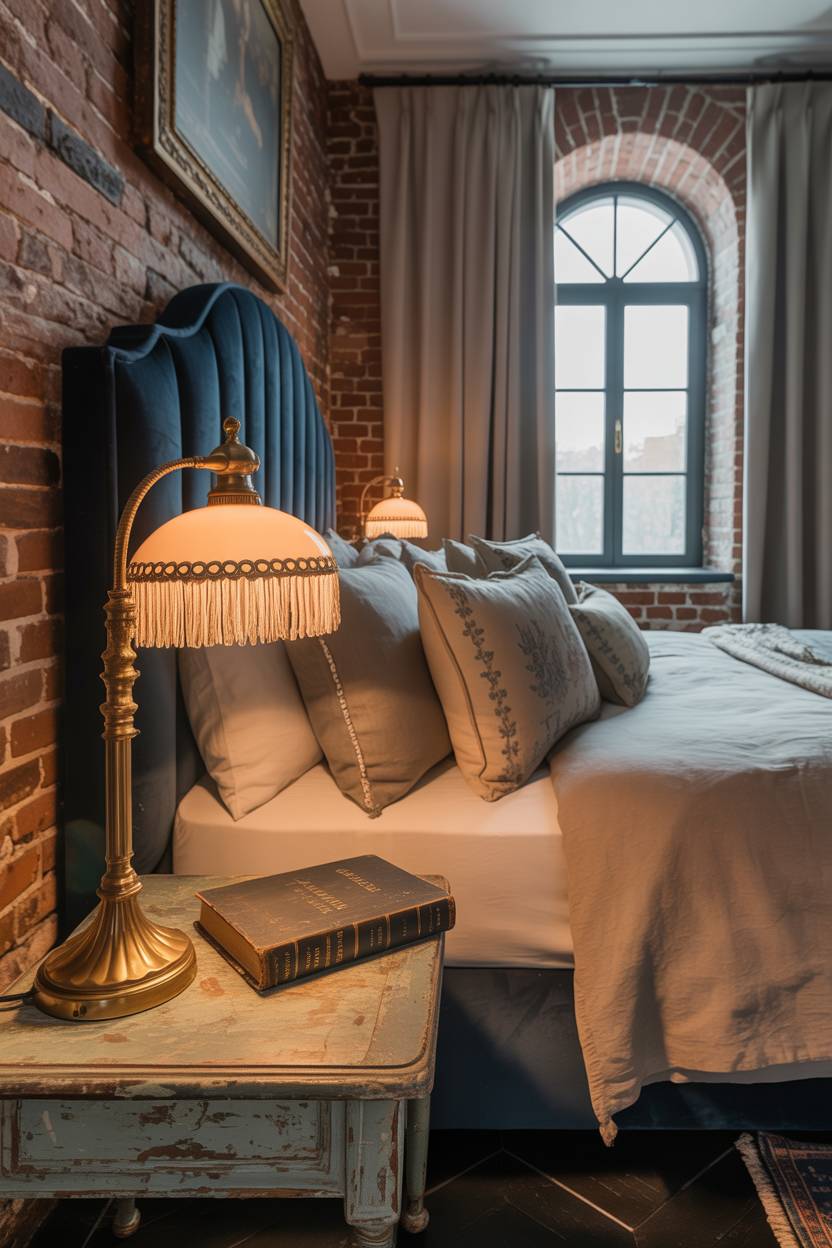 23 Moody Romantic Bedroom Ideas for a Cozy, Intimate Space 22 King-sized bed with indigo velvet headboard and antique embroidered pillows in exposed brick room with brass fringed lamp