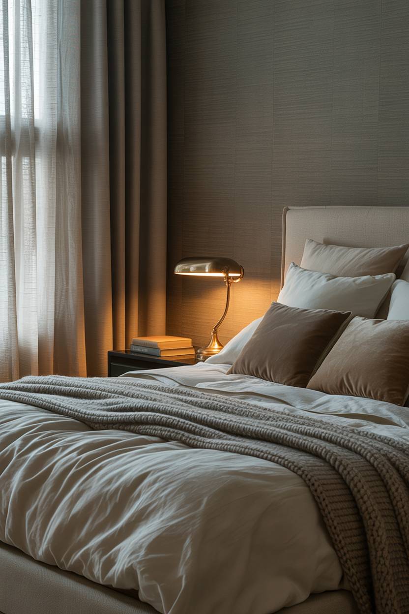 23 Moody Romantic Bedroom Ideas for a Cozy, Intimate Space 23 Large bed with cream linen and velvet pillows against textured grey wallpaper featuring brass lamp and flowing curtain