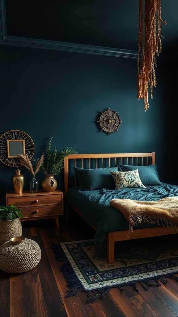 A dark boho bedroom featuring deep blue walls, wooden furniture, and cozy textiles.