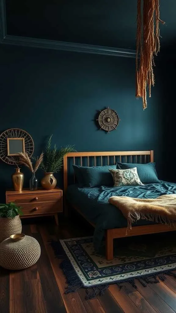 20 Unique Dark Boho Bedroom Ideas for a Bold Statement 3 A dark boho bedroom featuring deep blue walls, wooden furniture, and cozy textiles.