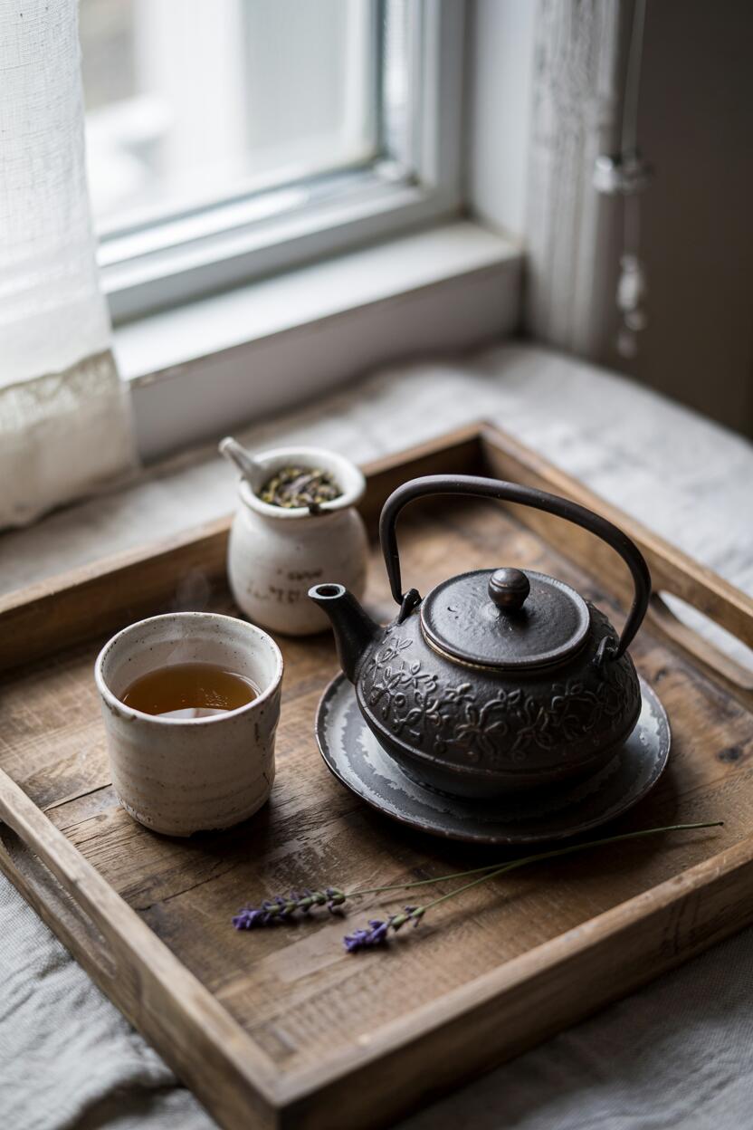 Japanese Minimalism Lifestyle: The Art of Mindful Living 3 A morning tea ritual setup captured in early morning light. A simple wooden tray holds a small cast iron teapot, a single ceramic cup, and a small container of loose tea. The scene is set near a window with soft light filtering through, creating a peaceful atmosphere with long shadows. No other items compete for attention in this mindful moment.