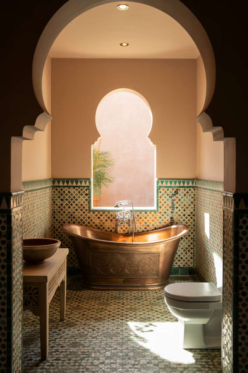 28 Stylish Moroccan Bathroom Ideas to Elevate Your Decor 1 Moroccan bathroom featuring turquoise zellige tiles, copper bathtub, and wooden vanity with soft natural lighting
