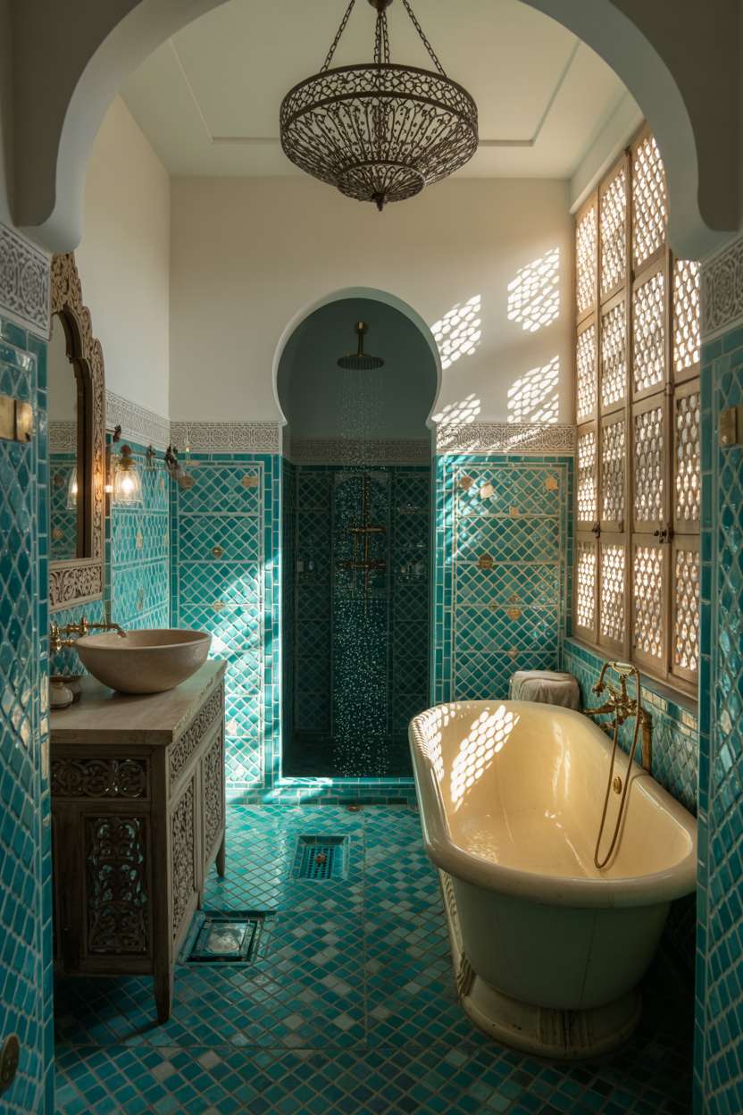 28 Stylish Moroccan Bathroom Ideas to Elevate Your Decor 2 Wide view of Moroccan bathroom with patterned turquoise tiles, brass fixtures, and ornate chandelier