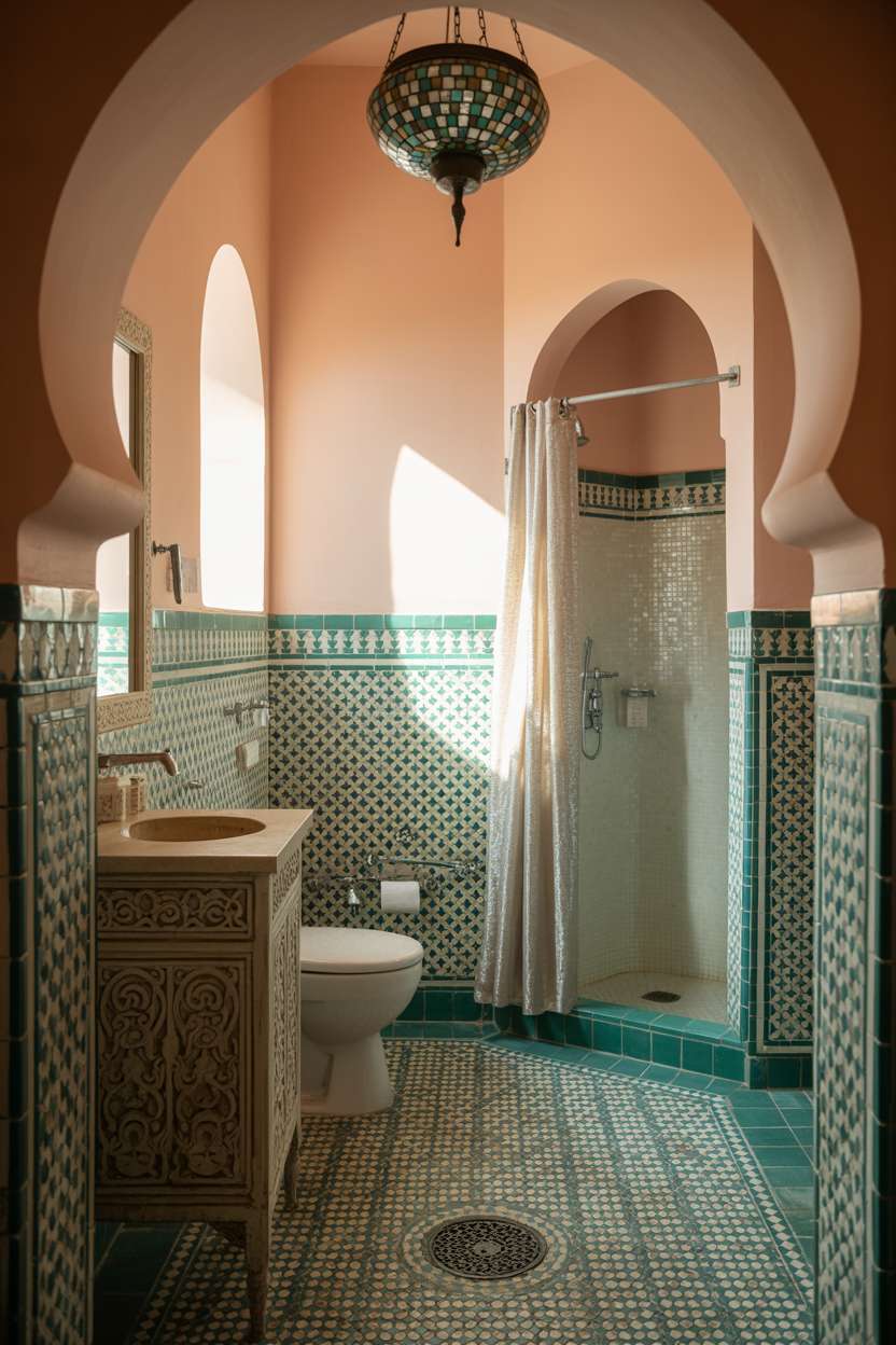 28 Stylish Moroccan Bathroom Ideas to Elevate Your Decor 3 Moroccan bathroom with turquoise zellige tiles, wooden vanity, and mosaic glass chandelier
