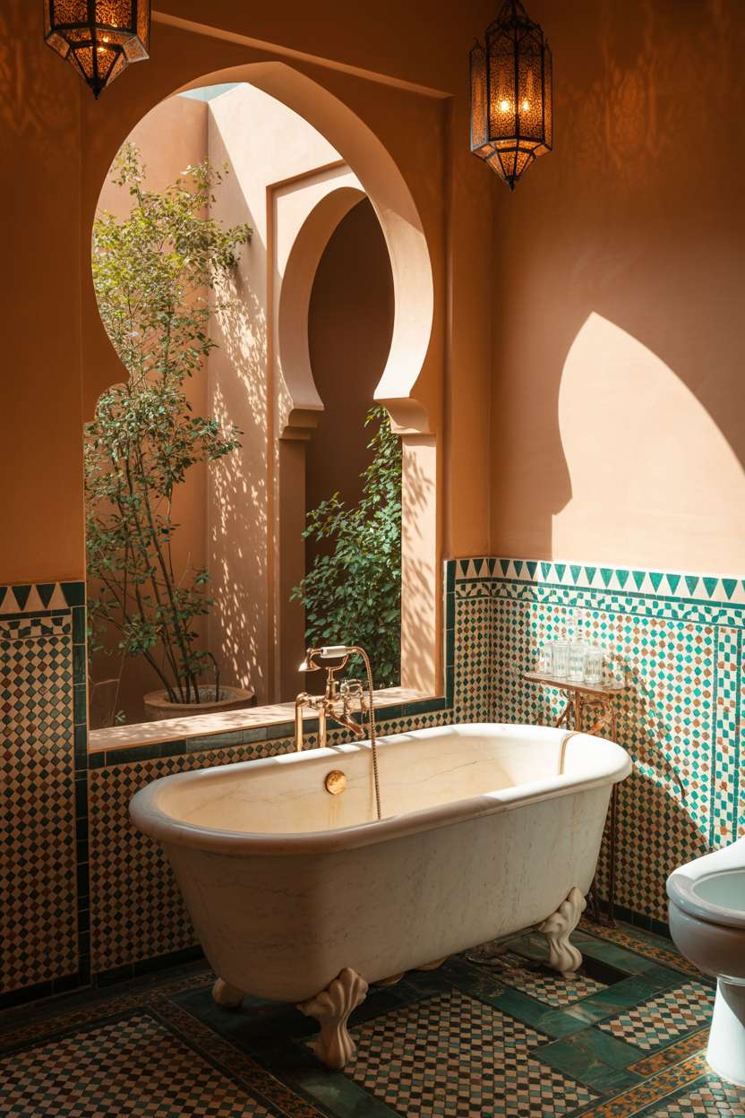 28 Stylish Moroccan Bathroom Ideas to Elevate Your Decor 4 Moroccan bathroom featuring marble clawfoot tub, copper sink, and courtyard garden view