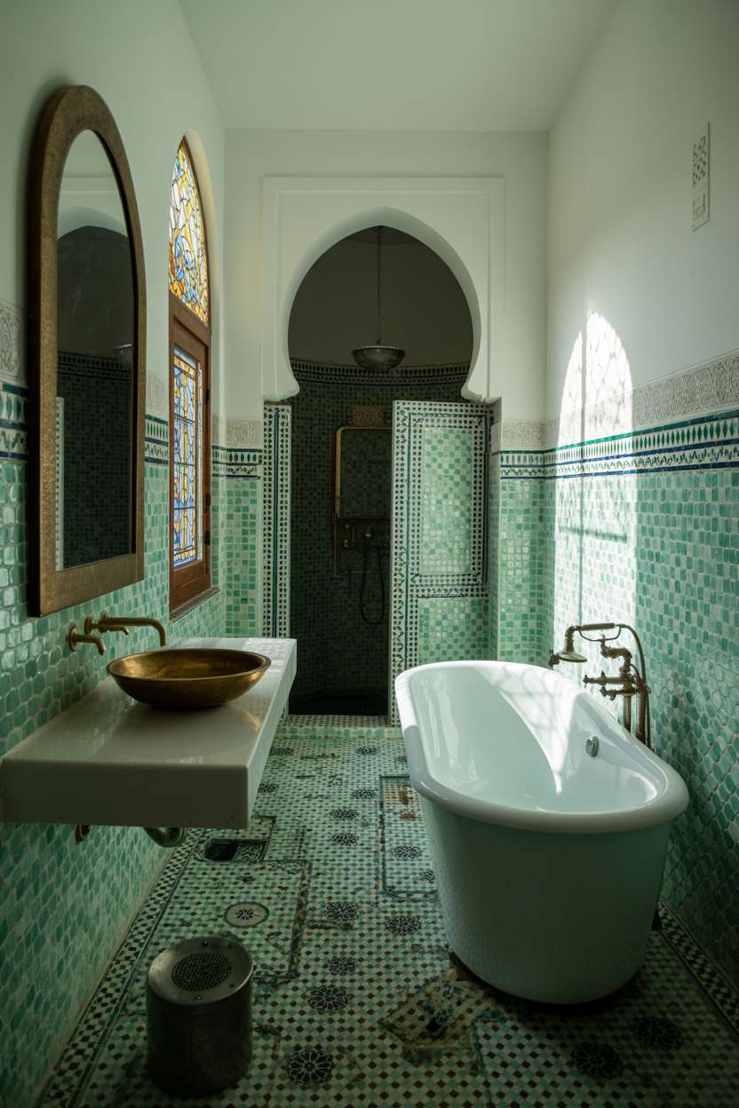 28 Stylish Moroccan Bathroom Ideas to Elevate Your Decor 5 Spacious Moroccan bathroom with stained glass window, freestanding tub, and hammered copper basin