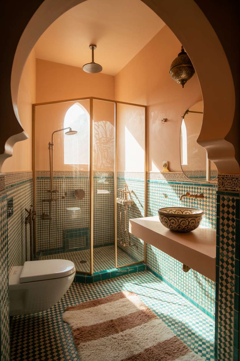28 Stylish Moroccan Bathroom Ideas to Elevate Your Decor 6 Moroccan-style bathroom with vibrant mosaic tiles, floating vanity, and rain shower