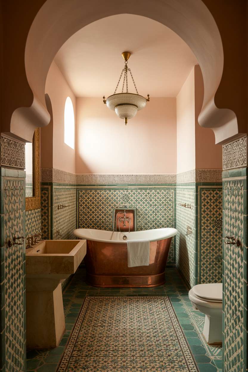 28 Stylish Moroccan Bathroom Ideas to Elevate Your Decor 7 Luxurious Moroccan bathroom with copper bathtub, brass chandelier, and cream zellige tiles